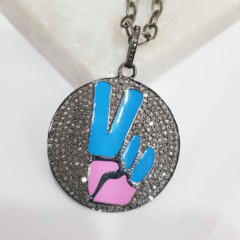 Round Disk Sterling Silver Fancy Designer Enamel Pendant, Blue, Pink Round Shape Necklace, Birthday Gift