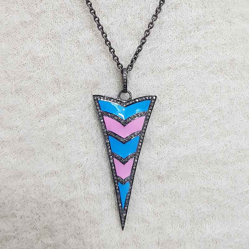 Graceful Arrow Head Designer Pendant With Turquoise And Pink Enamel, Unique Enamel Arrow Pendant Anniversary Gift