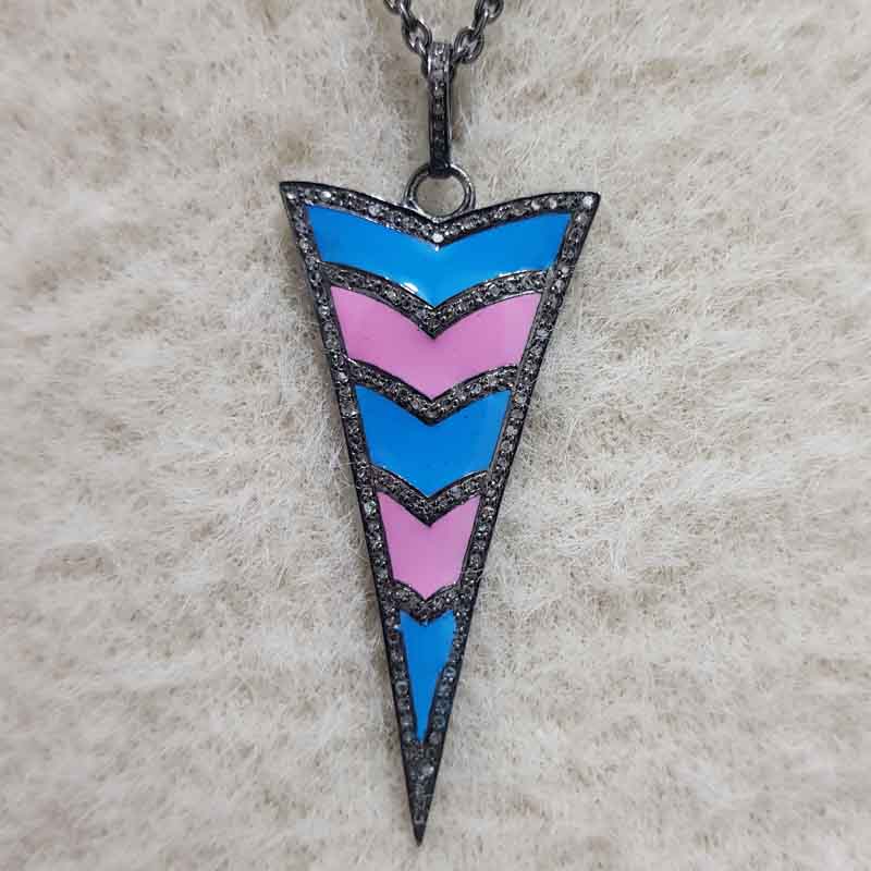 Graceful Arrow Head Designer Pendant With Turquoise And Pink Enamel, Unique Enamel Arrow Pendant Anniversary Gift