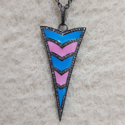 Graceful Arrow Head Designer Pendant With Turquoise And Pink Enamel, Unique Enamel Arrow Pendant Anniversary Gift