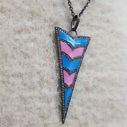 Graceful Arrow Head Designer Pendant With Turquoise And Pink Enamel, Unique Enamel Arrow Pendant Anniversary Gift