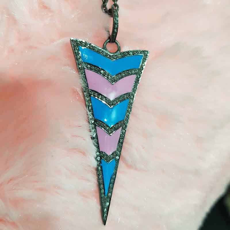 Graceful Arrow Head Designer Pendant With Turquoise And Pink Enamel, Unique Enamel Arrow Pendant Anniversary Gift