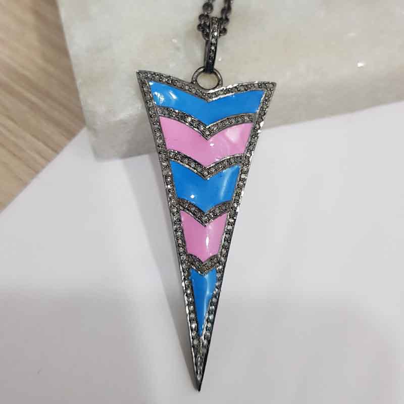 Graceful Arrow Head Designer Pendant With Turquoise And Pink Enamel, Unique Enamel Arrow Pendant Anniversary Gift