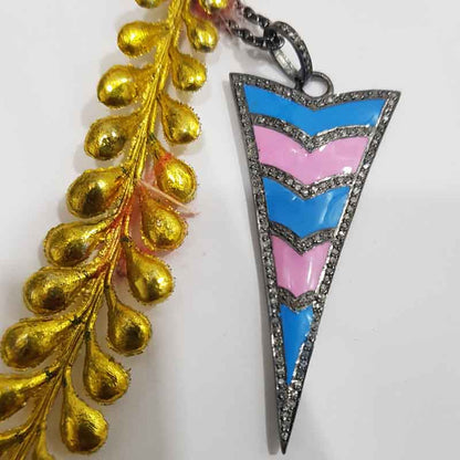 Graceful Arrow Head Designer Pendant With Turquoise And Pink Enamel, Unique Enamel Arrow Pendant Anniversary Gift