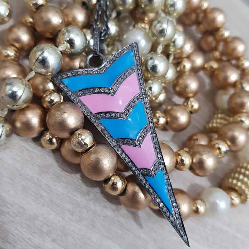 Graceful Arrow Head Designer Pendant With Turquoise And Pink Enamel, Unique Enamel Arrow Pendant Anniversary Gift