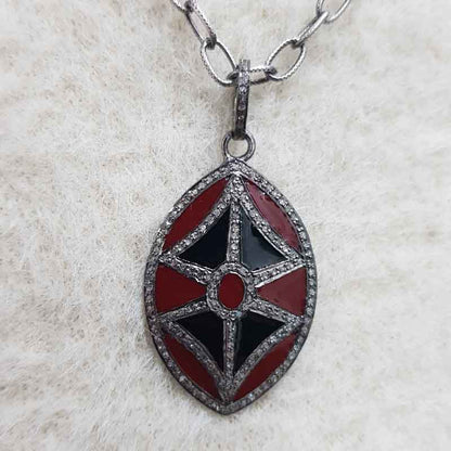 Black And Red Enamel Fancy Designer Pave Diamond Pendant, Attractive Design Shape Pendant, occasion Day Gift