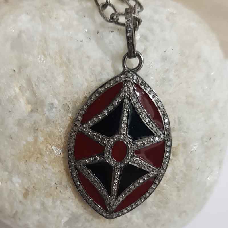 Black And Red Enamel Fancy Designer Pave Diamond Pendant, Attractive Design Shape Pendant, occasion Day Gift