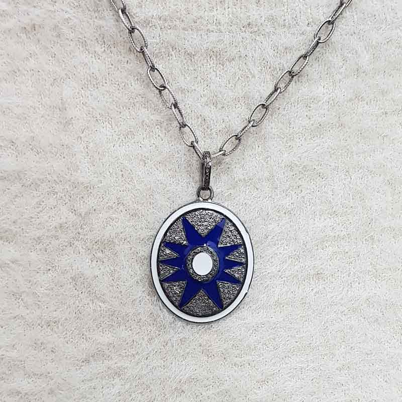 Blue And White Enamel Pave Diamond Sunburst Pendant, Oval Shape Enamel design, Mothers Day Gift