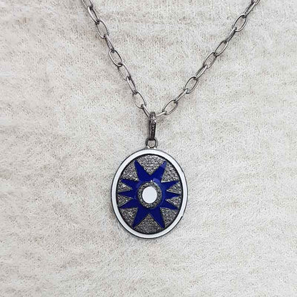 Blue And White Enamel Pave Diamond Sunburst Pendant, Oval Shape Enamel design, Mothers Day Gift