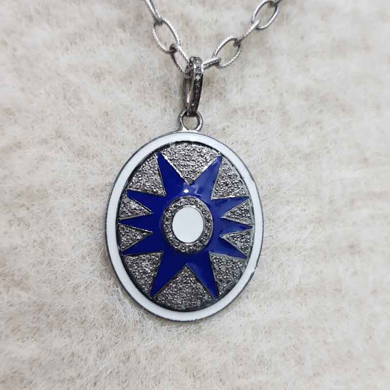 Blue And White Enamel Pave Diamond Sunburst Pendant, Oval Shape Enamel design, Mothers Day Gift