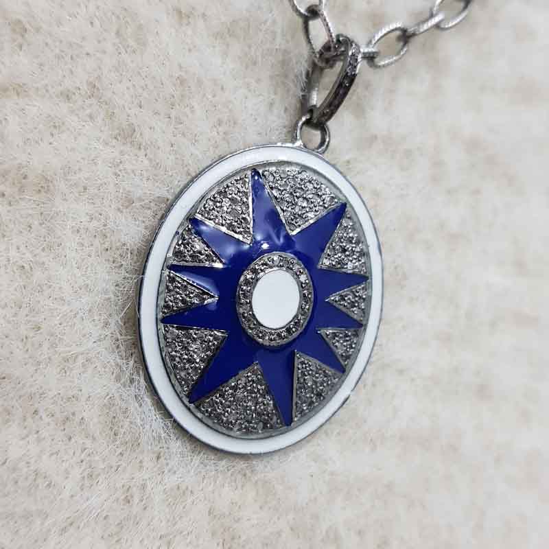 Blue And White Enamel Pave Diamond Sunburst Pendant, Oval Shape Enamel design, Mothers Day Gift