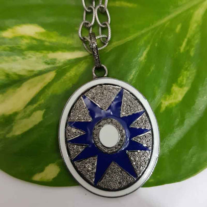 Blue And White Enamel Pave Diamond Sunburst Pendant, Oval Shape Enamel design, Mothers Day Gift