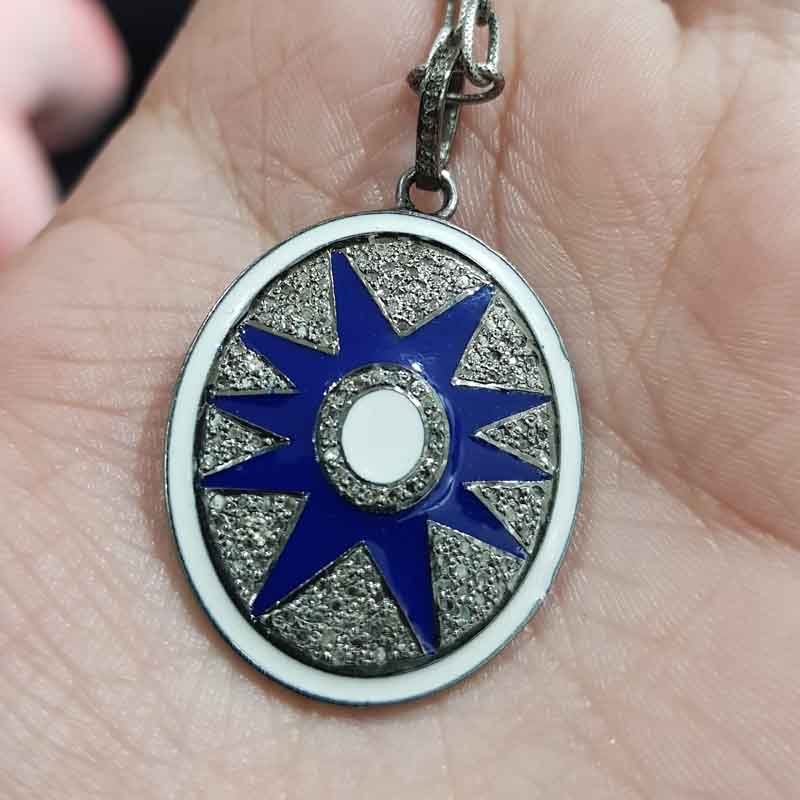 Blue And White Enamel Pave Diamond Sunburst Pendant, Oval Shape Enamel design, Mothers Day Gift