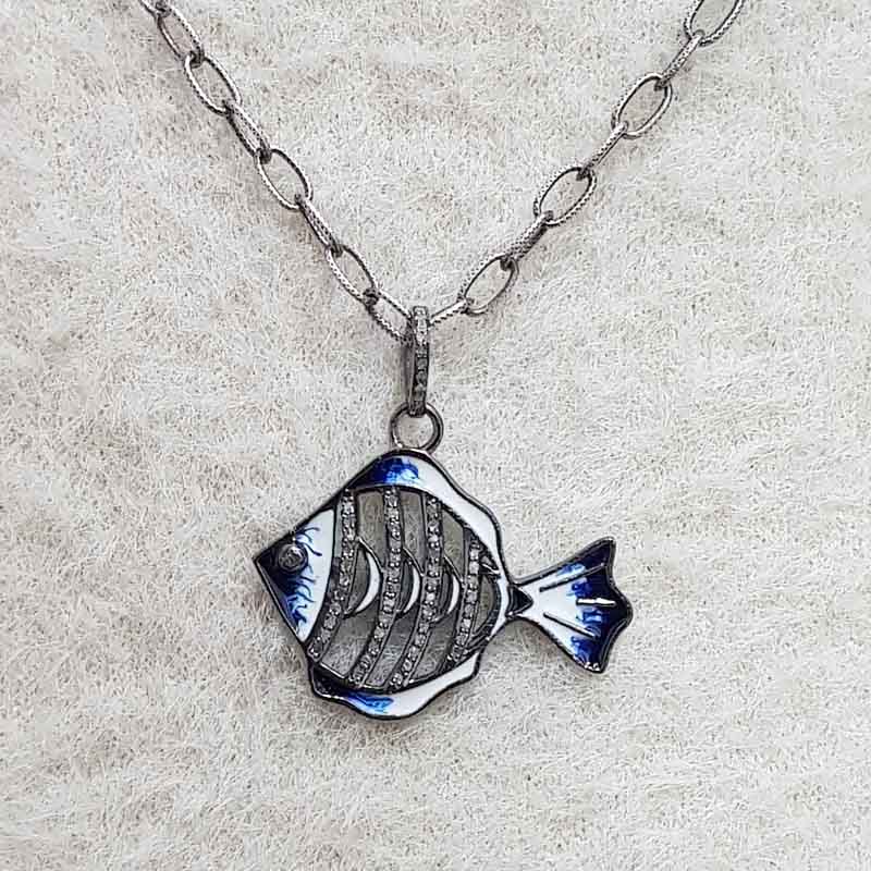 Stunning Fish Pendant With pave Diamond And Enamel, Unique Gift For Special One, birthday Gift