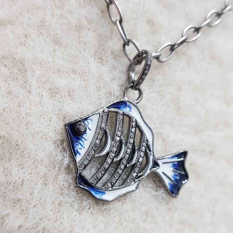 Stunning Fish Pendant With pave Diamond And Enamel, Unique Gift For Special One, birthday Gift