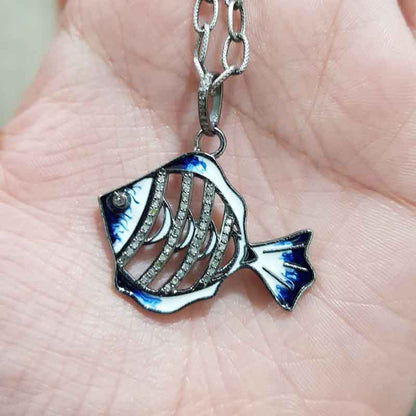 Stunning Fish Pendant With pave Diamond And Enamel, Unique Gift For Special One, birthday Gift