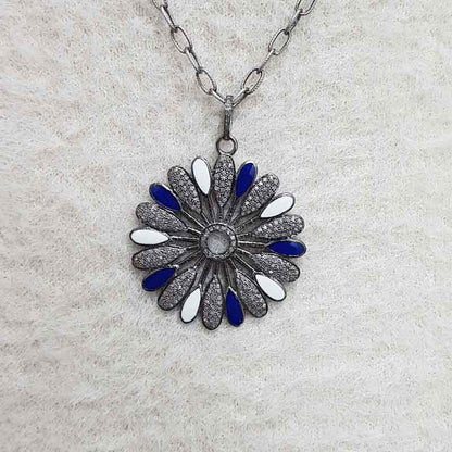 Gorgeous Flower Pendant With Blue And White Enamel, Personalized Gift for love, Valentine Day Gift