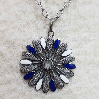 Gorgeous Flower Pendant With Blue And White Enamel, Personalized Gift for love, Valentine Day Gift