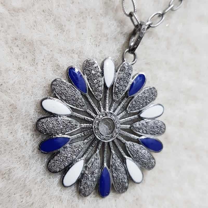 Gorgeous Flower Pendant With Blue And White Enamel, Personalized Gift for love, Valentine Day Gift