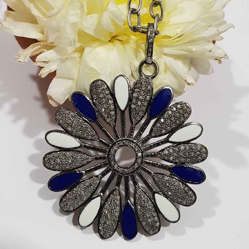 Gorgeous Flower Pendant With Blue And White Enamel, Personalized Gift for love, Valentine Day Gift