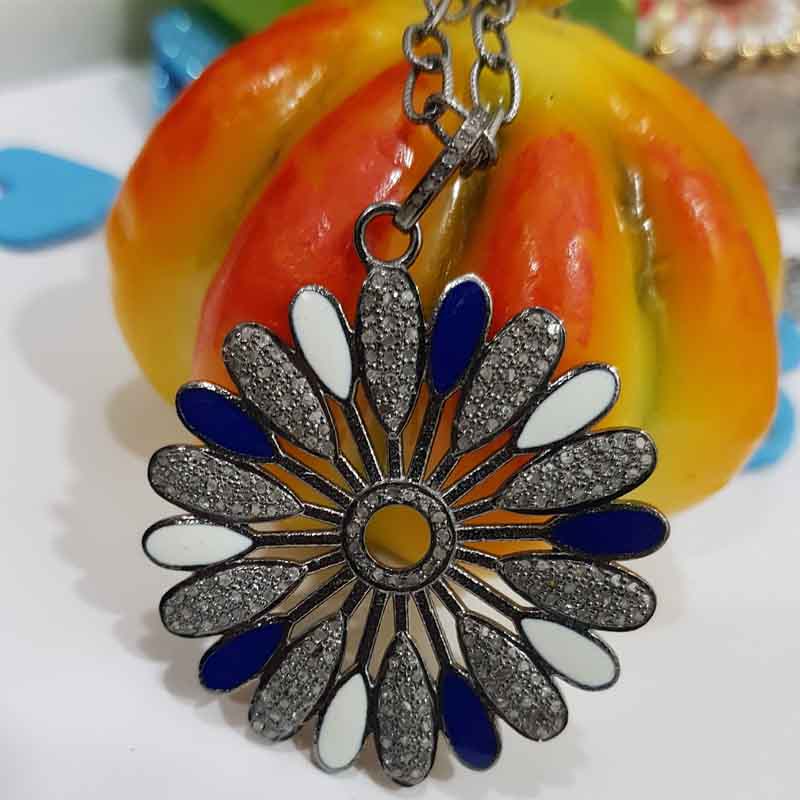 Gorgeous Flower Pendant With Blue And White Enamel, Personalized Gift for love, Valentine Day Gift