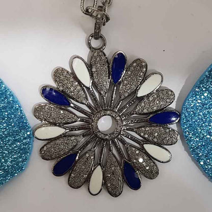 Gorgeous Flower Pendant With Blue And White Enamel, Personalized Gift for love, Valentine Day Gift