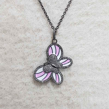 Unique Butterfly Style Pave Diamond Handmade Designer Enamel Pendant, Birthday Gift, Gift For Princess, Cutest Pink White Butterfly Enamel Necklace