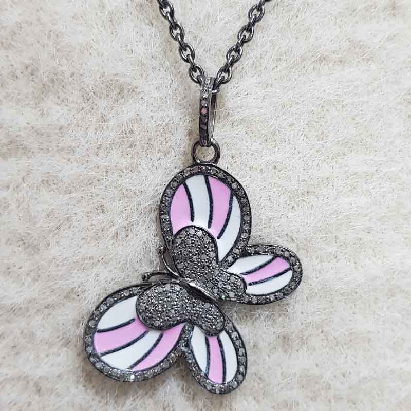 Unique Butterfly Style Pave Diamond Handmade Designer Enamel Pendant, Birthday Gift, Gift For Princess, Cutest Pink White Butterfly Enamel Necklace