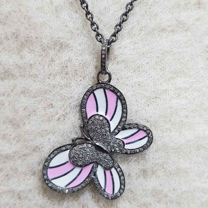 Unique Butterfly Style Pave Diamond Handmade Designer Enamel Pendant, Birthday Gift, Gift For Princess, Cutest Pink White Butterfly Enamel Necklace