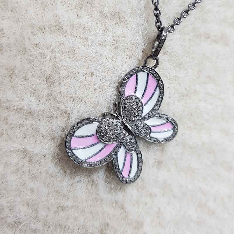 Unique Butterfly Style Pave Diamond Handmade Designer Enamel Pendant, Birthday Gift, Gift For Princess, Cutest Pink White Butterfly Enamel Necklace