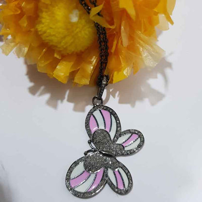 Unique Butterfly Style Pave Diamond Handmade Designer Enamel Pendant, Birthday Gift, Gift For Princess, Cutest Pink White Butterfly Enamel Necklace