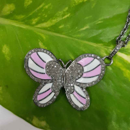 Unique Butterfly Style Pave Diamond Handmade Designer Enamel Pendant, Birthday Gift, Gift For Princess, Cutest Pink White Butterfly Enamel Necklace