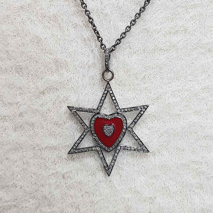 Star With Red Heart Enamel pave Diamond Pendant, Handmade Jewelry, Gift For Someone