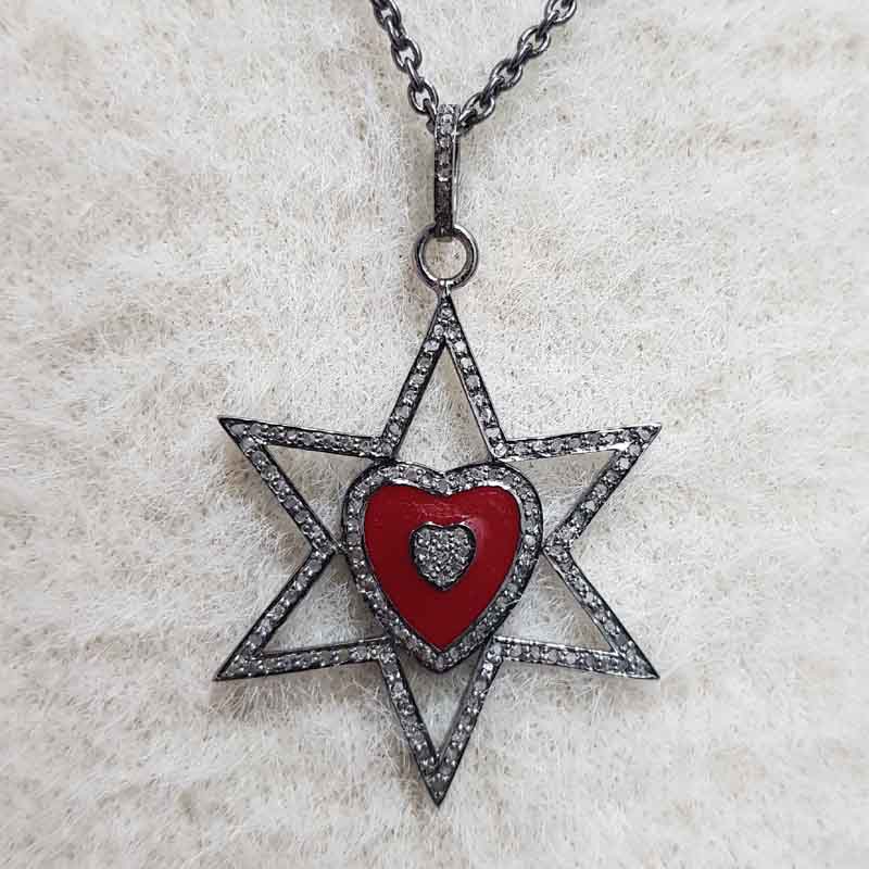 Star With Red Heart Enamel pave Diamond Pendant, Handmade Jewelry, Gift For Someone