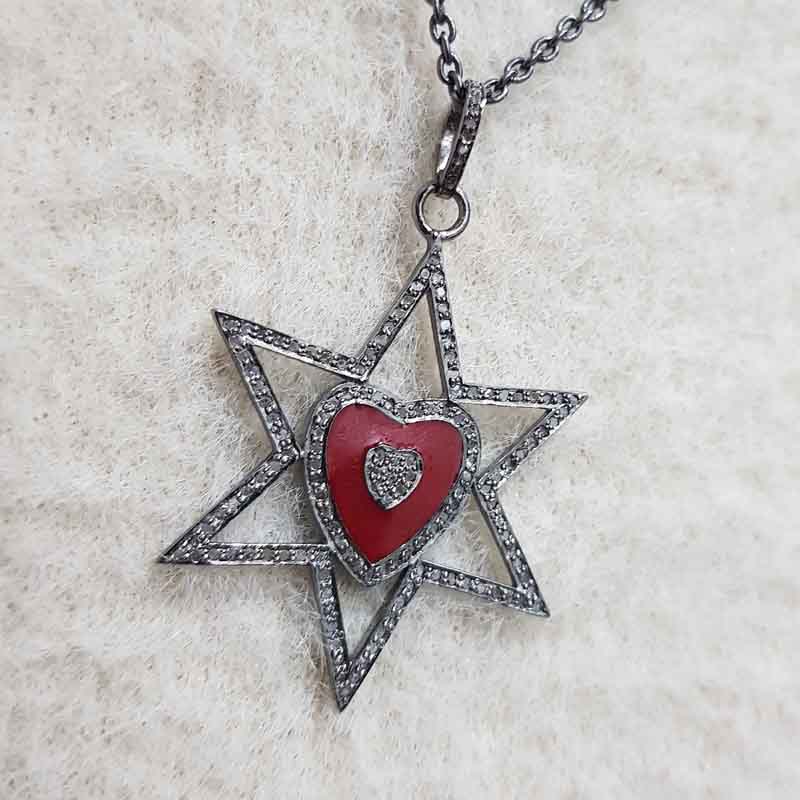 Star With Red Heart Enamel pave Diamond Pendant, Handmade Jewelry, Gift For Someone