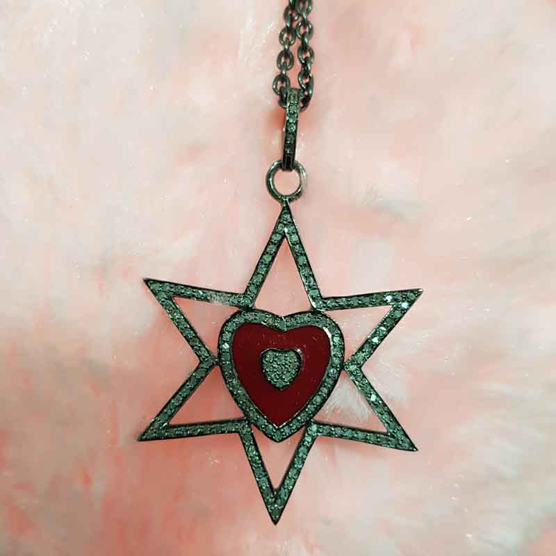 Star With Red Heart Enamel pave Diamond Pendant, Handmade Jewelry, Gift For Someone