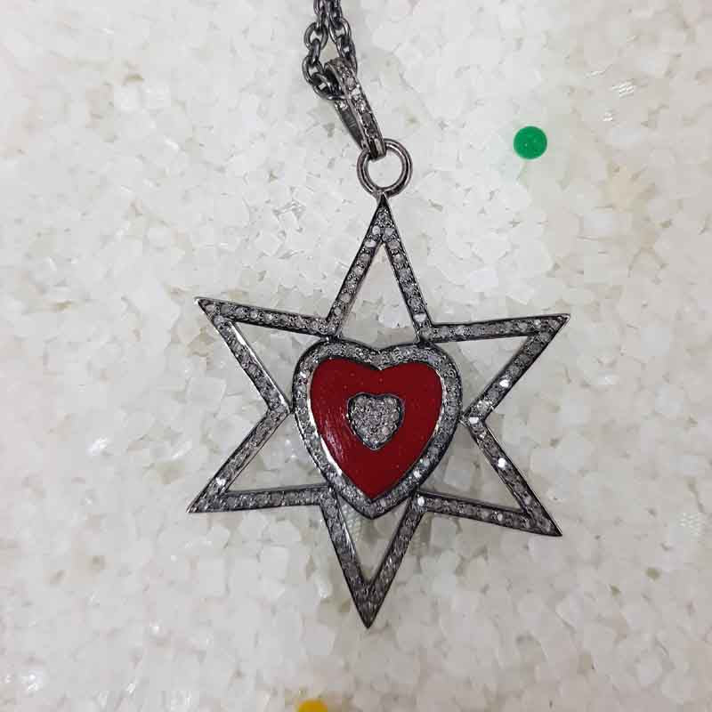 Star With Red Heart Enamel pave Diamond Pendant, Handmade Jewelry, Gift For Someone