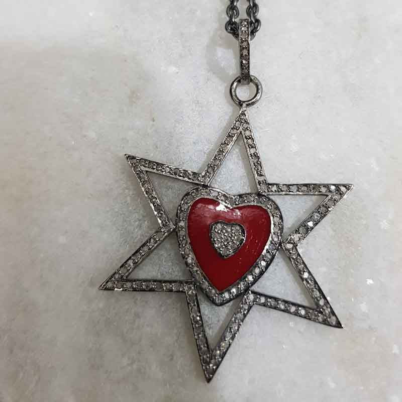 Star With Red Heart Enamel pave Diamond Pendant, Handmade Jewelry, Gift For Someone