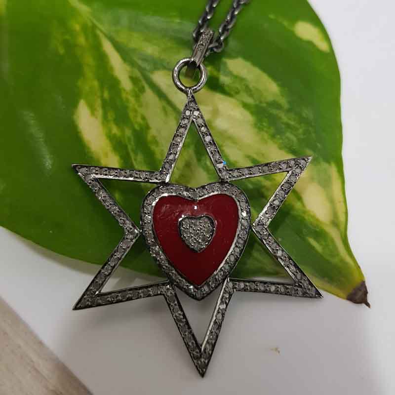 Star With Red Heart Enamel pave Diamond Pendant, Handmade Jewelry, Gift For Someone