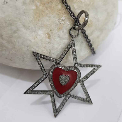 Star With Red Heart Enamel pave Diamond Pendant, Handmade Jewelry, Gift For Someone