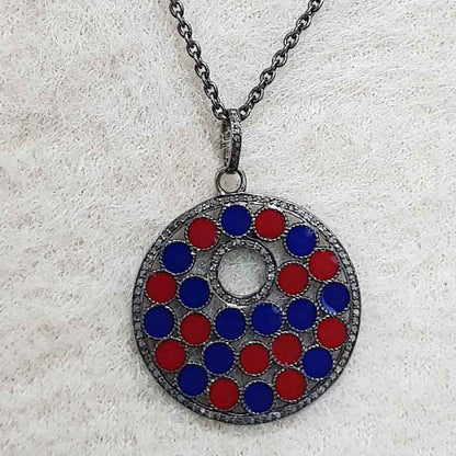 Round Fancy Pendant With Red And Blue Enamel, Attractive Design Necklace, Mother's Day Gift, Gift For Mom