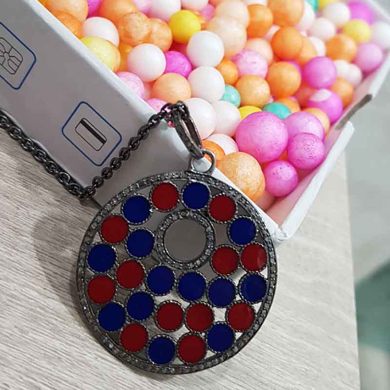 Round Fancy Pendant With Red And Blue Enamel, Attractive Design Necklace, Mother's Day Gift, Gift For Mom