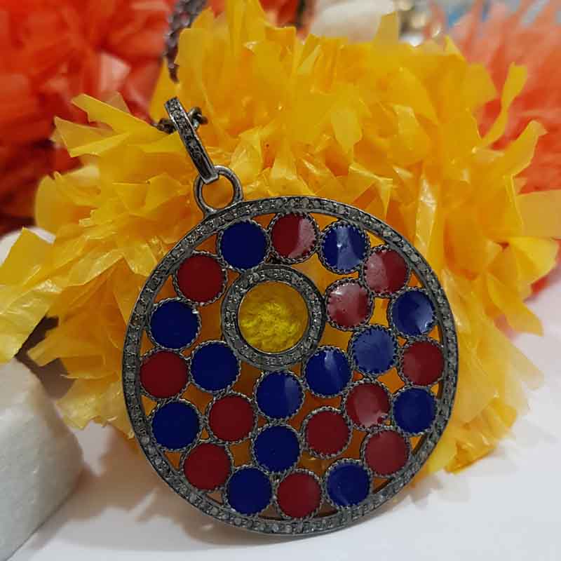 Round Fancy Pendant With Red And Blue Enamel, Attractive Design Necklace, Mother's Day Gift, Gift For Mom