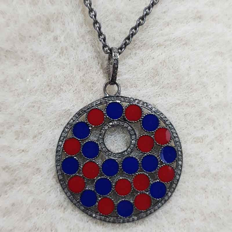 Round Fancy Pendant With Red And Blue Enamel, Attractive Design Necklace, Mother's Day Gift, Gift For Mom