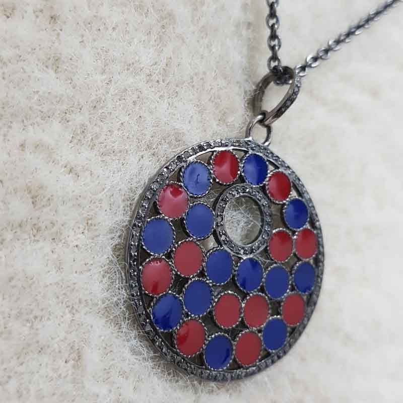 Round Fancy Pendant With Red And Blue Enamel, Attractive Design Necklace, Mother's Day Gift, Gift For Mom