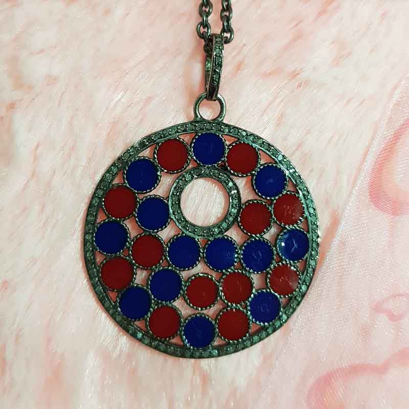 Round Fancy Pendant With Red And Blue Enamel, Attractive Design Necklace, Mother's Day Gift, Gift For Mom