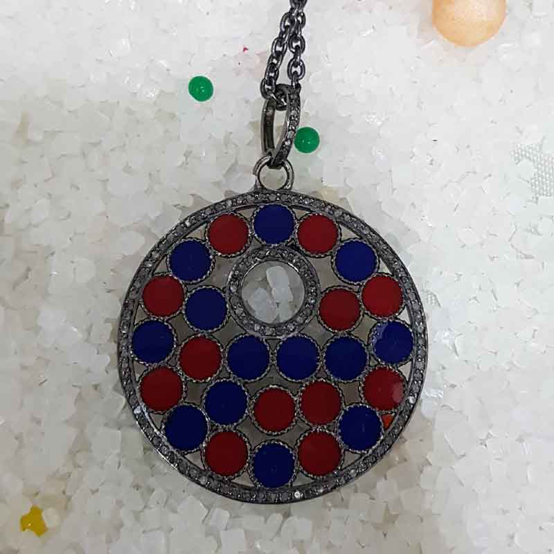 Round Fancy Pendant With Red And Blue Enamel, Attractive Design Necklace, Mother's Day Gift, Gift For Mom