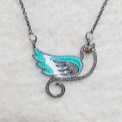 Stunning Pave Diamond Green Enamel Duck Pendant, Birthday Gift, Silver Jewelry