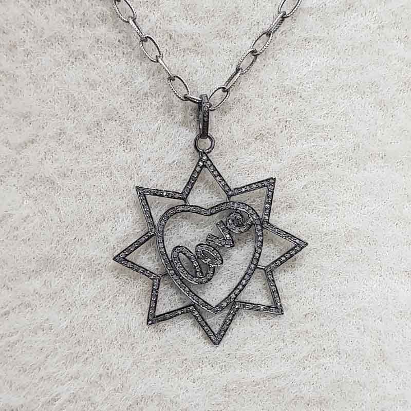 Handmade Love Designer Heart Star Pendant With Pave Diamond Layers, Silver Jewelry