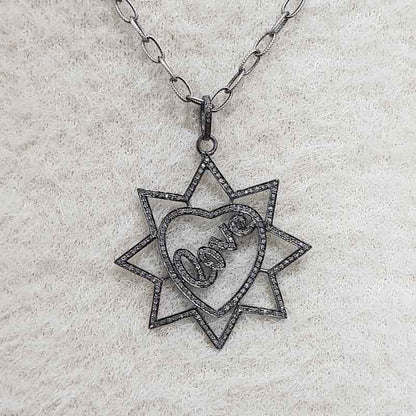 Handmade Love Designer Heart Star Pendant With Pave Diamond Layers, Silver Jewelry